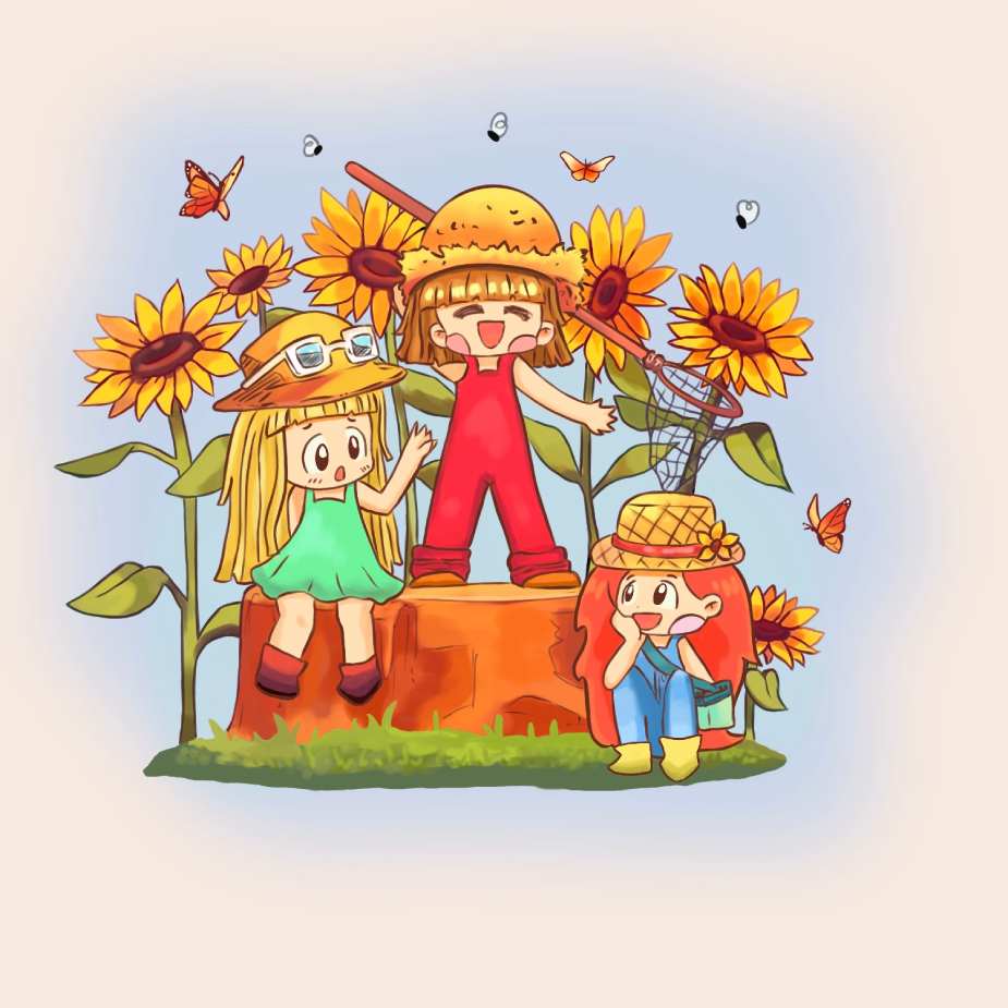 Three chibi characters in happy expression in the nature and doing bug hunting