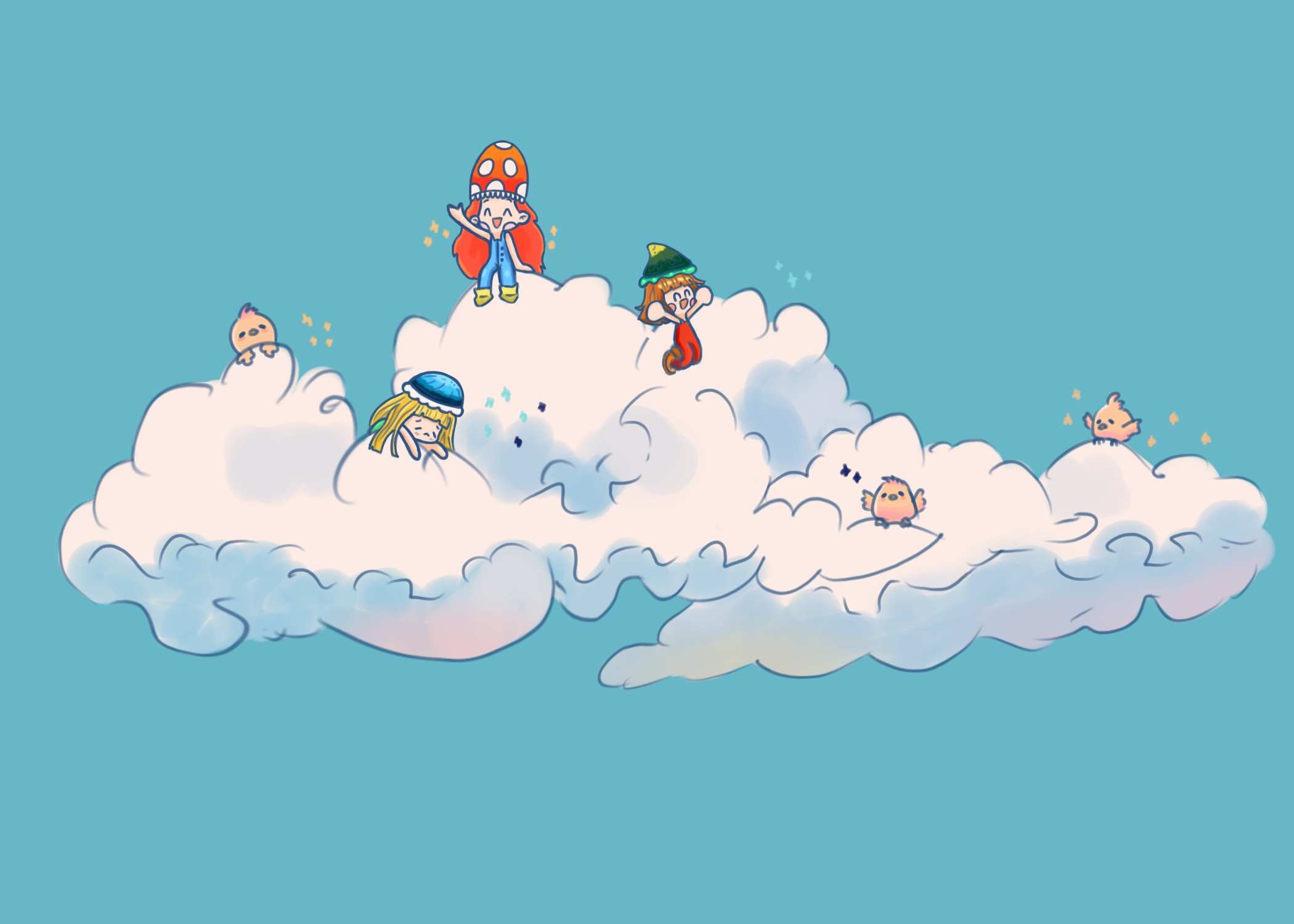 Commission artwork example of three chibi characters jumping in clouds with birds