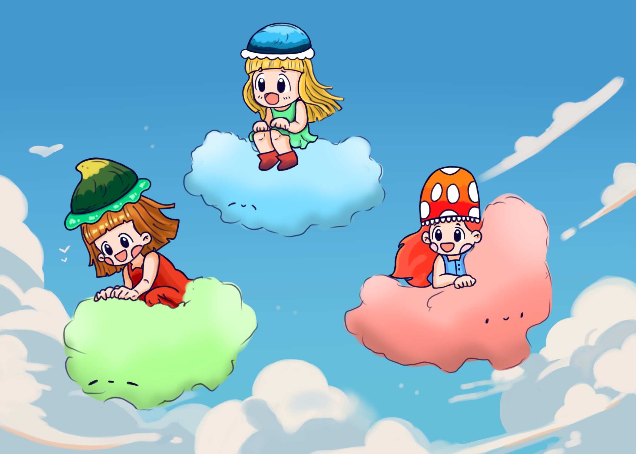 Commission artwork example of three chibi characters riding a flying clound in the sky