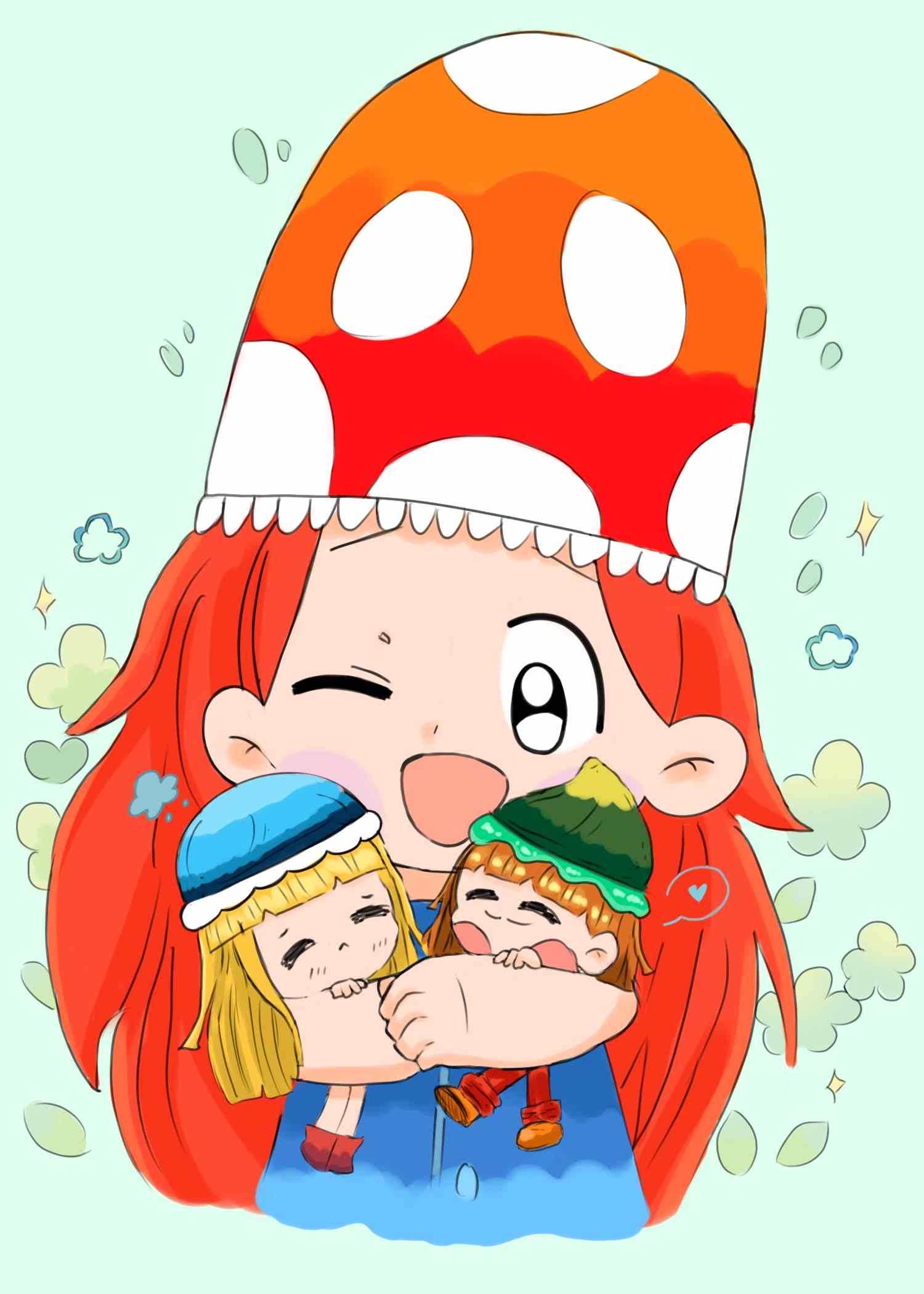 Big Mushy hugging small Leafy and Petaly