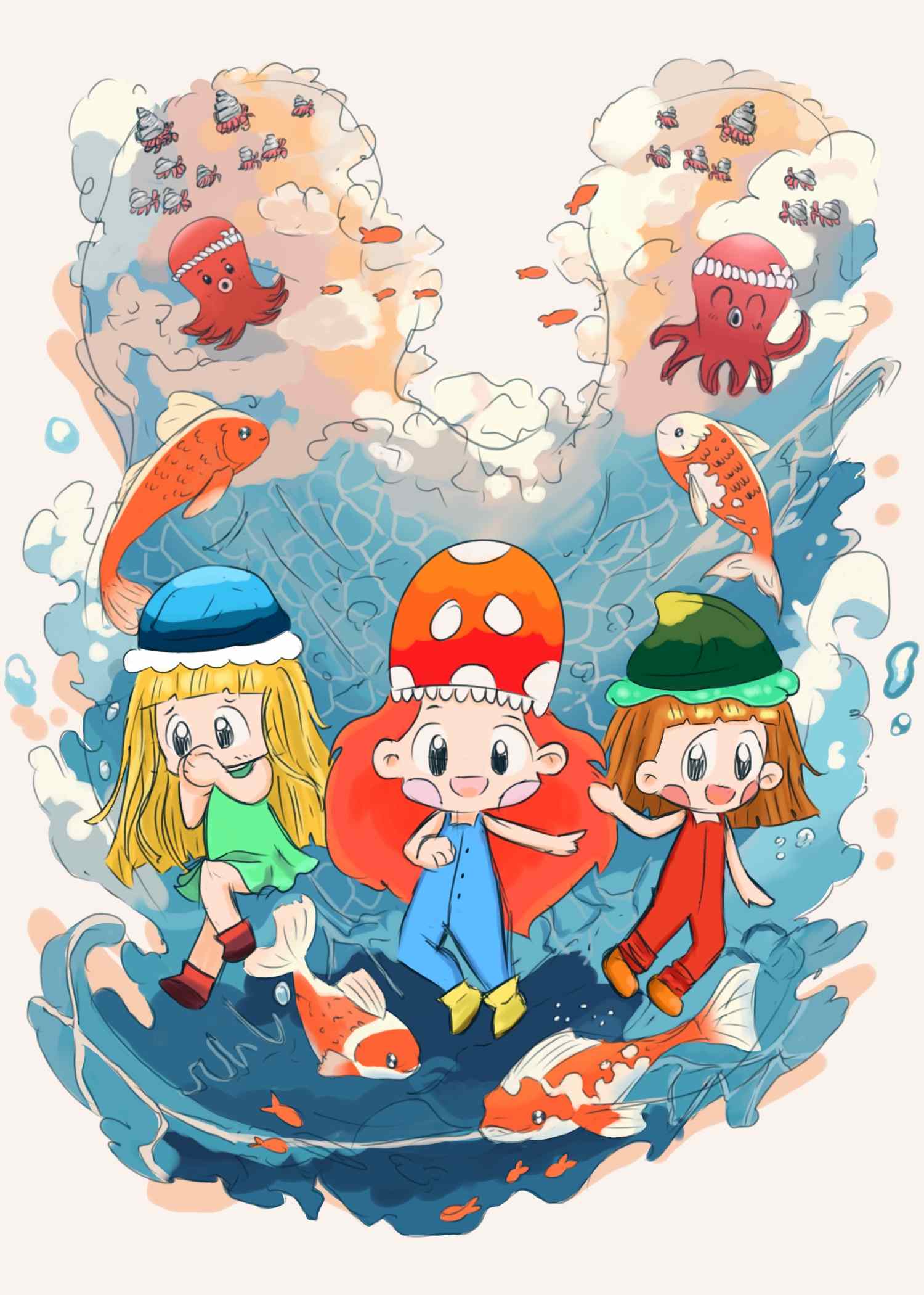 Three chibi characters in the water with fishes
