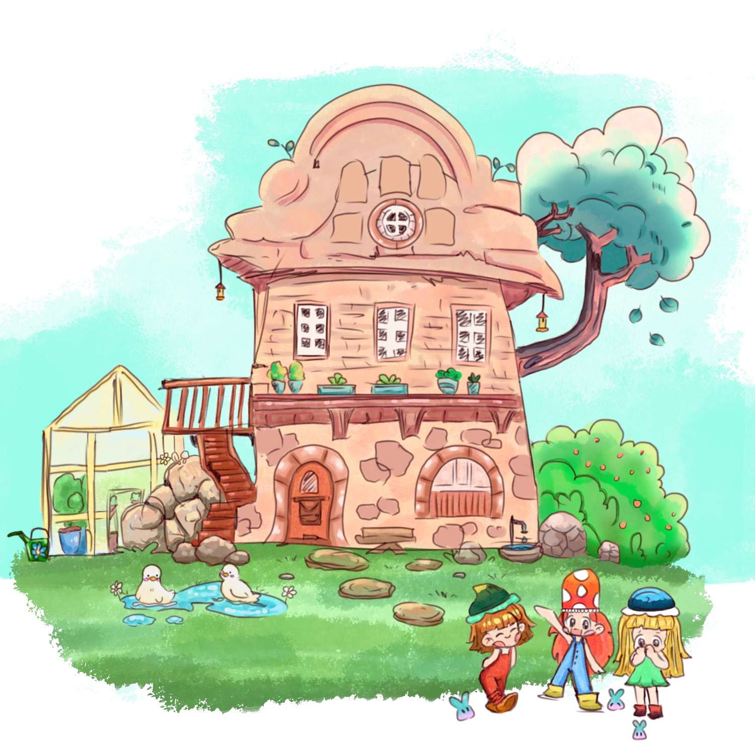 The chibi characters presenting their dear home in the nature