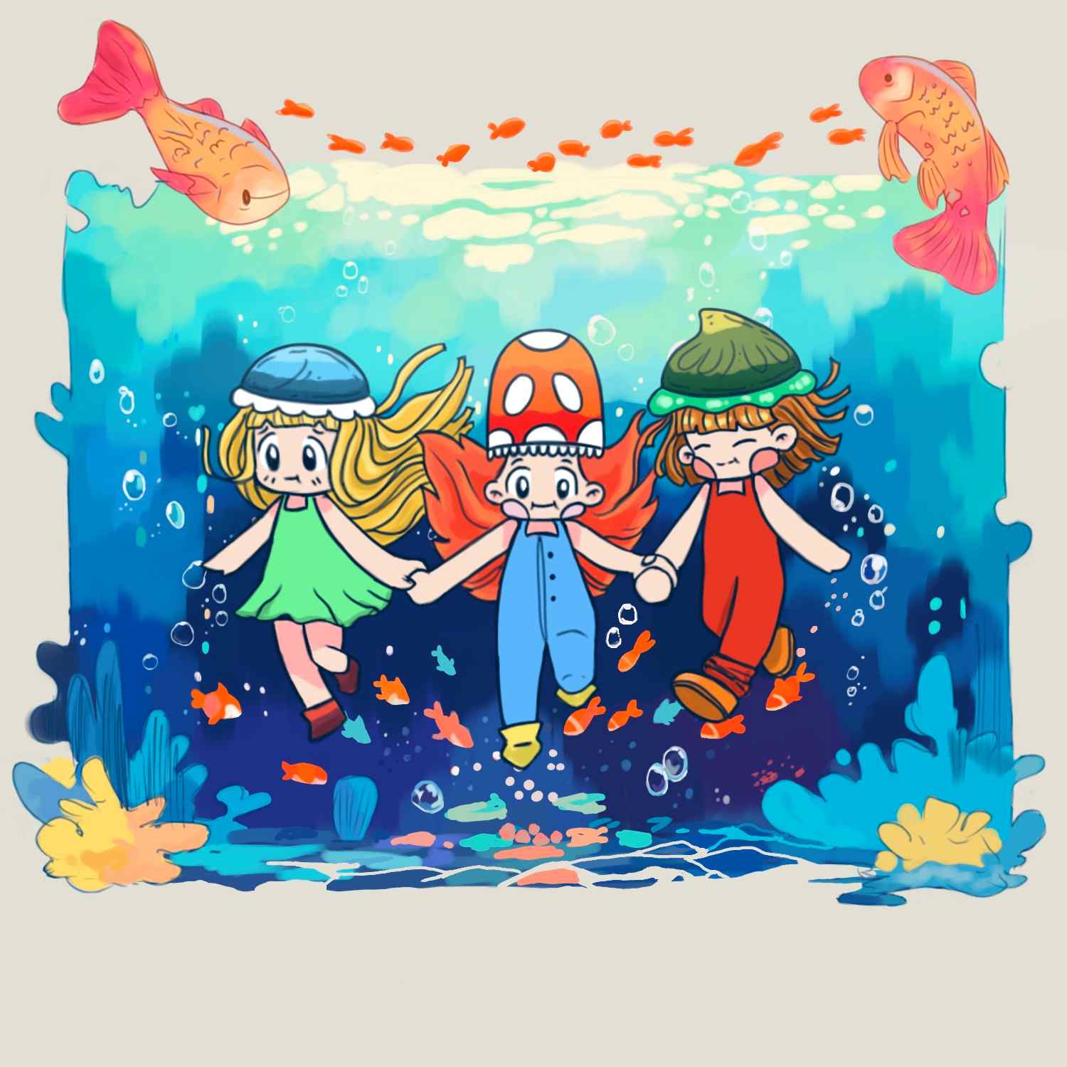 Three chibi girls in the water with fishes