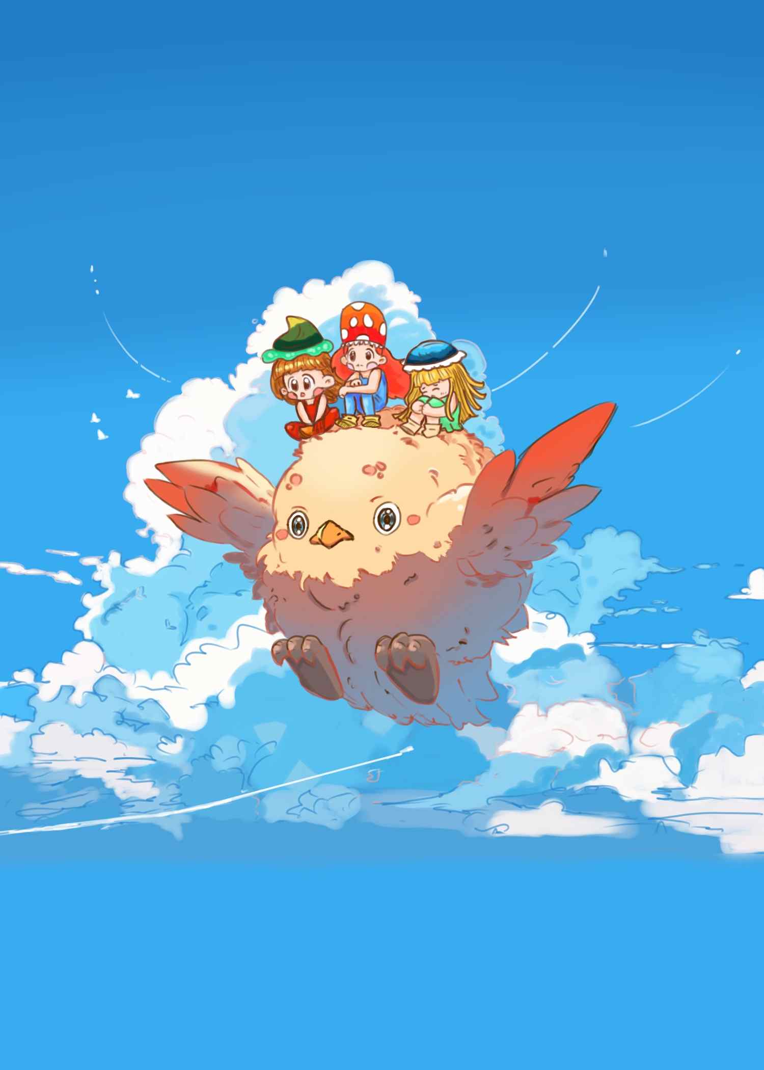 Three chibi girls riding a big bird