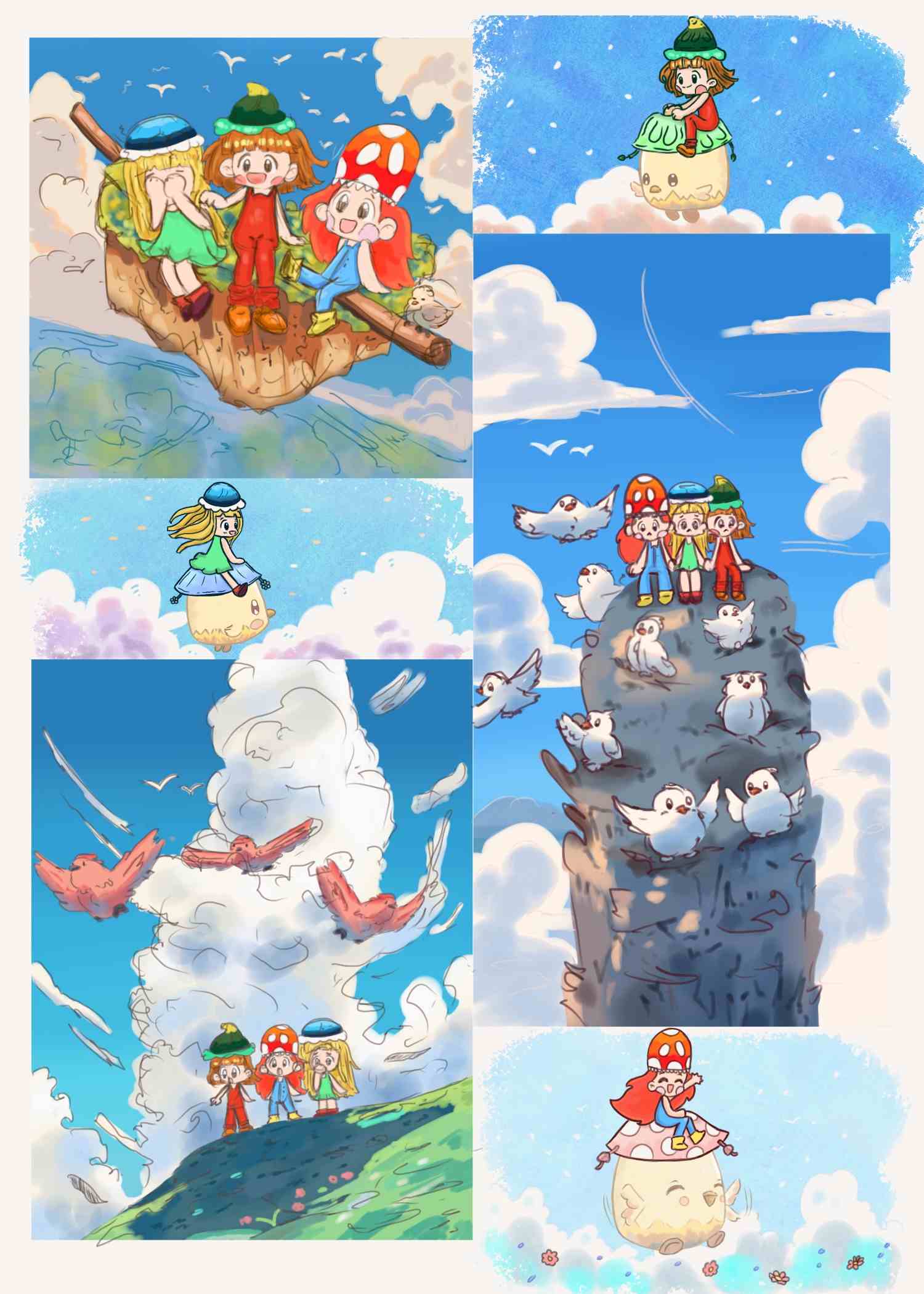 Variations of small illustrations of three chibi girls in a bird area