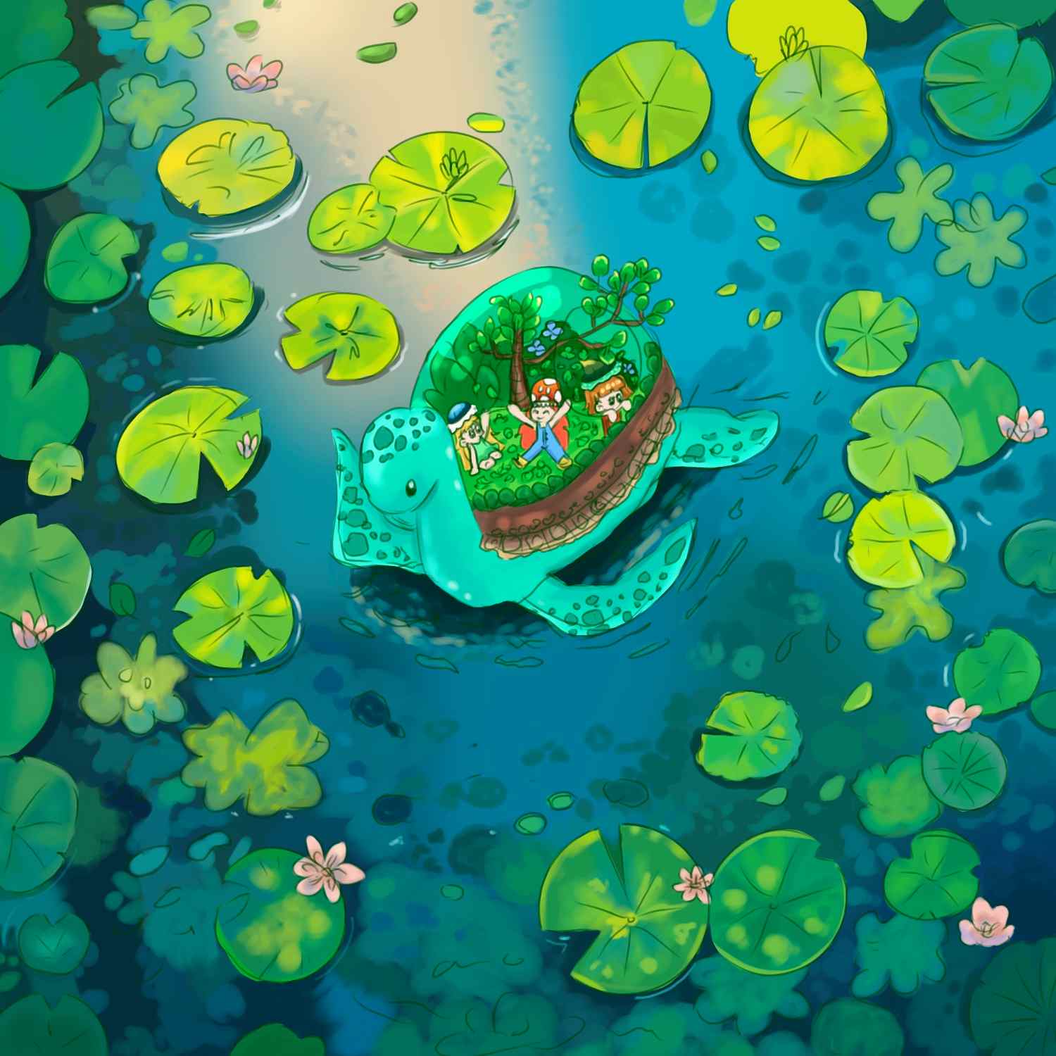 Three chibi girls riding a glass turle on water