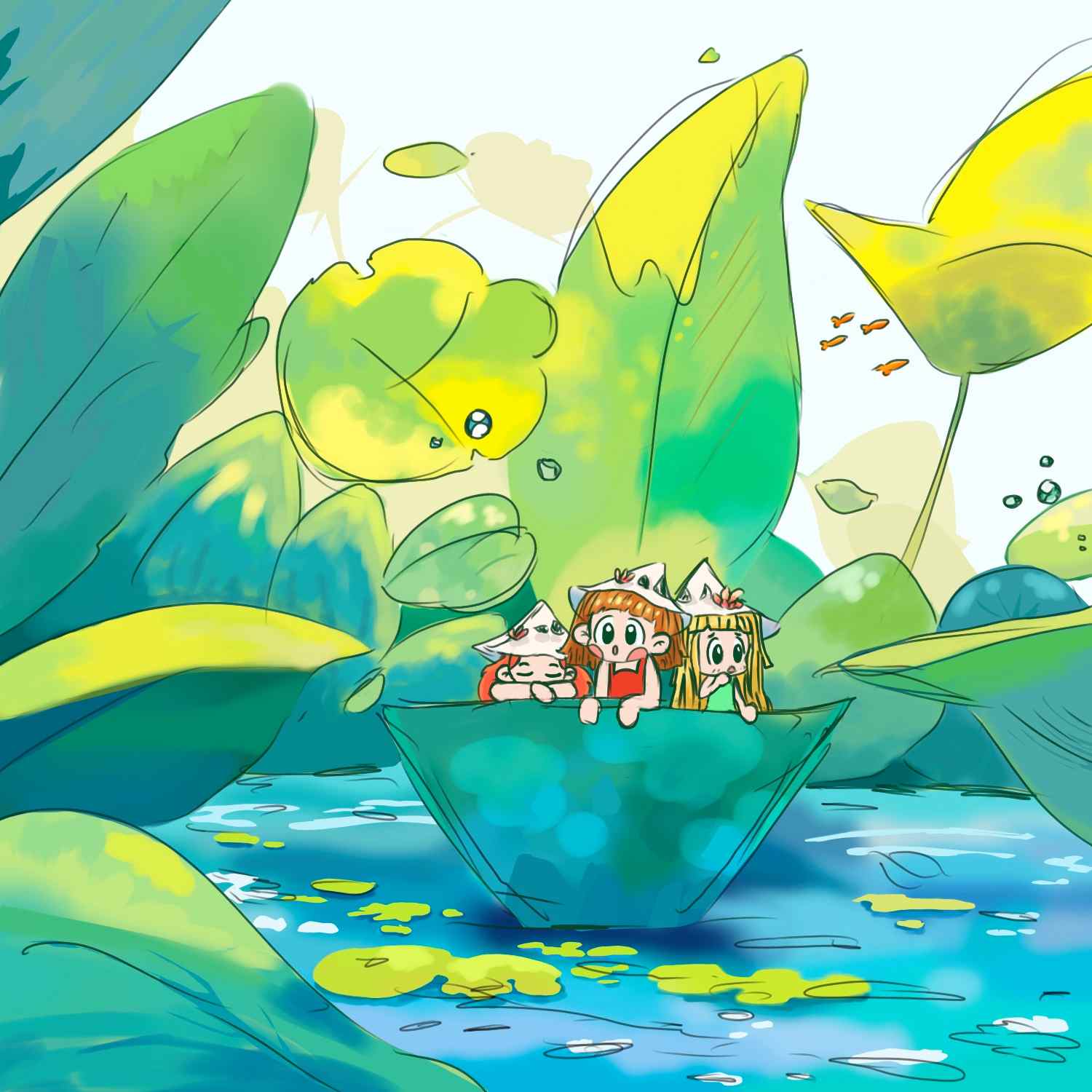 Three chibis girls riding a leaf