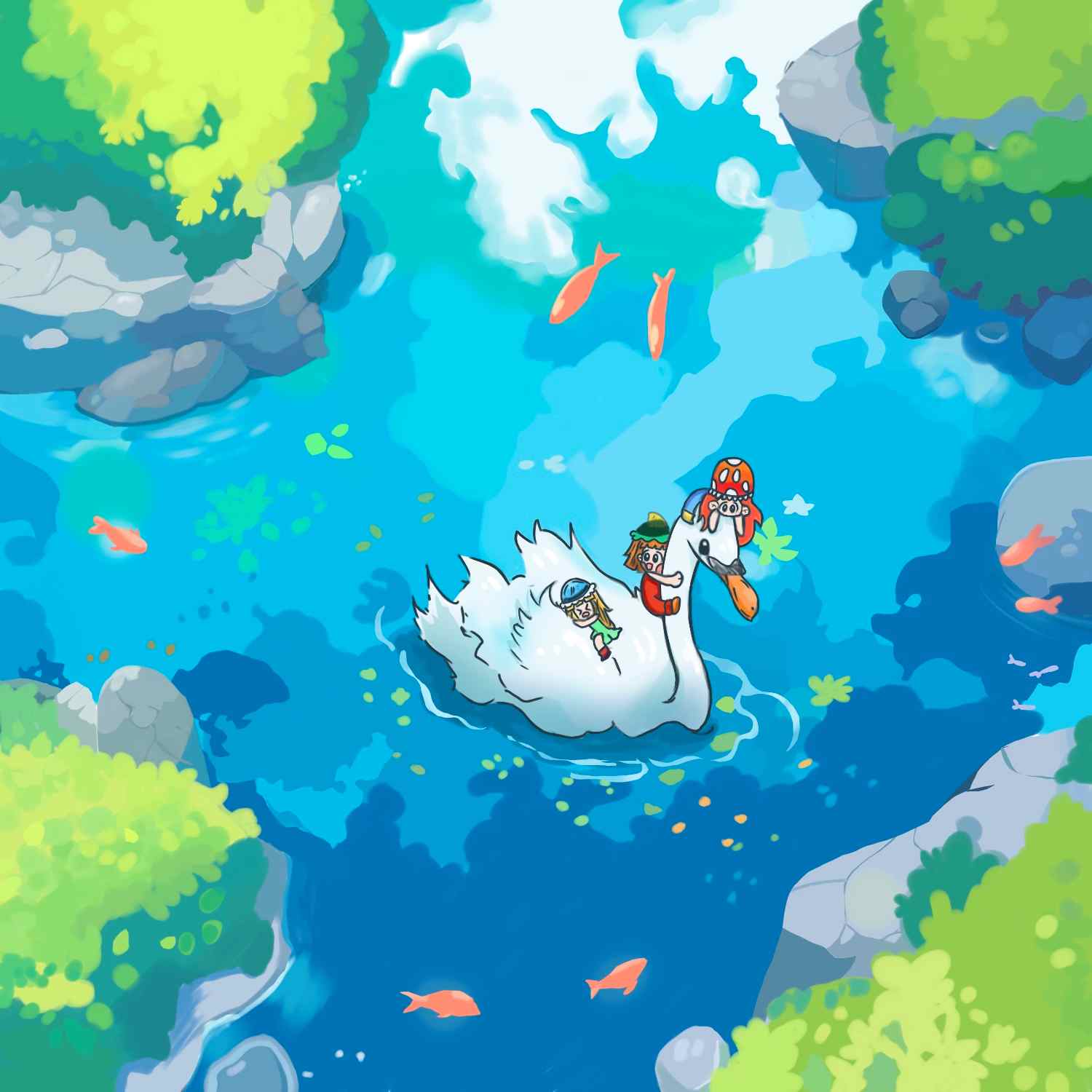 Three chibis girls riding a white swan