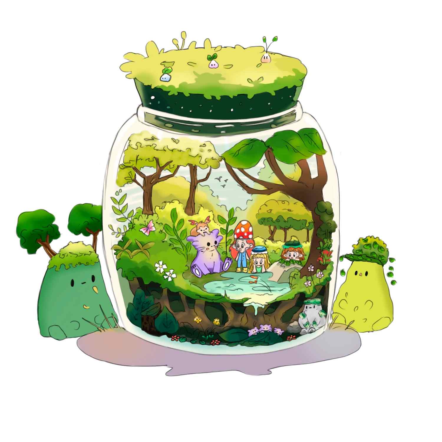 Three chibis girls in a glass jar discovering in the nature