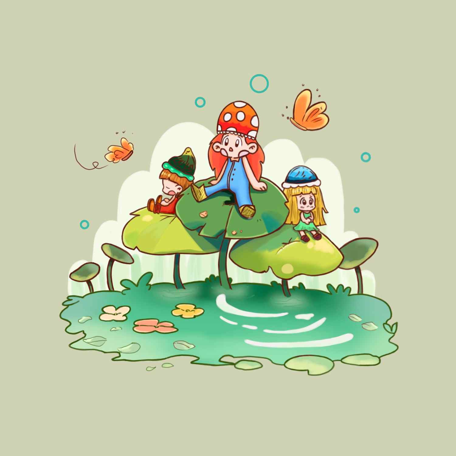 Three chibis girls sitting on a lotus