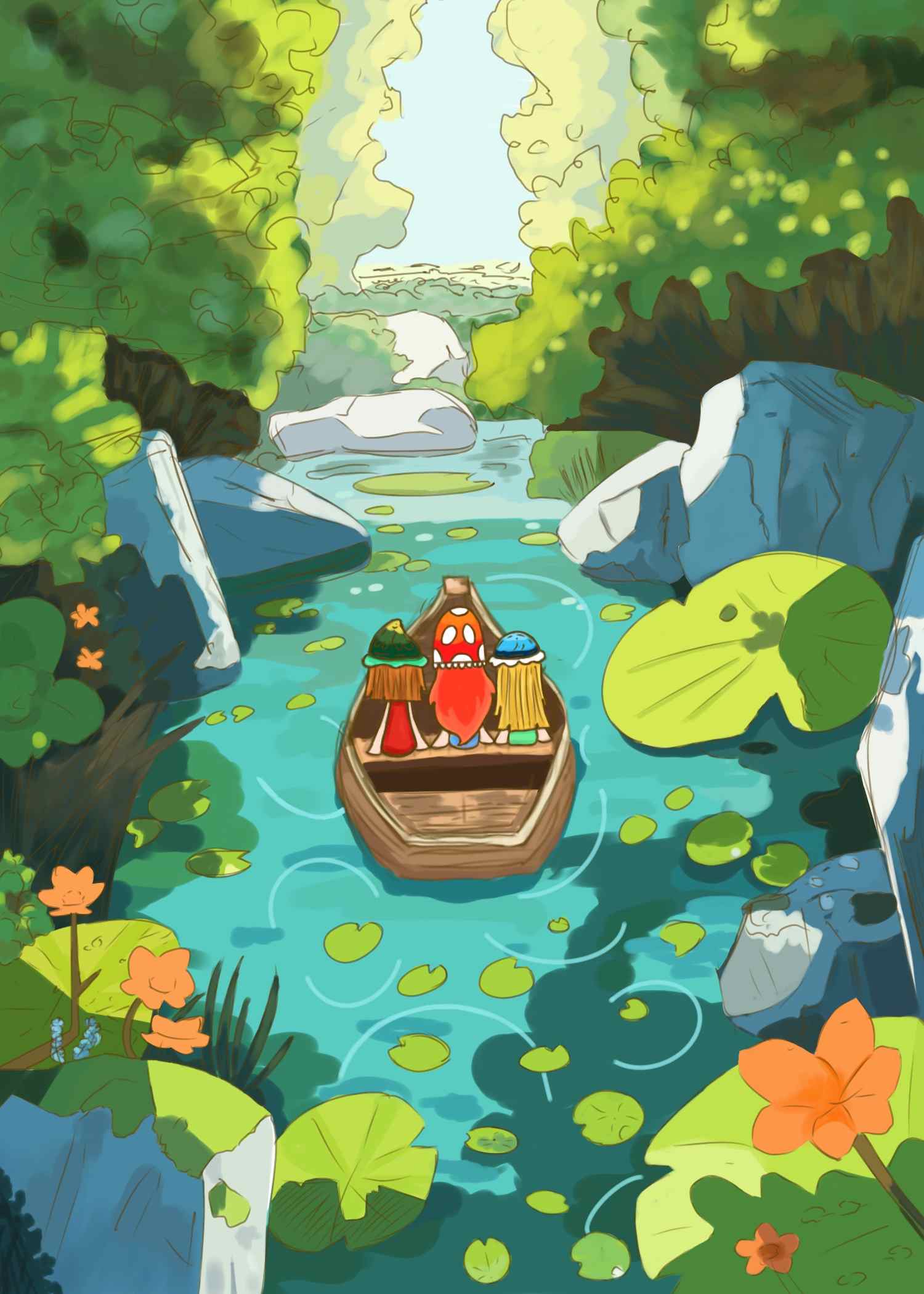 Three chibis riding a boat on a water lake