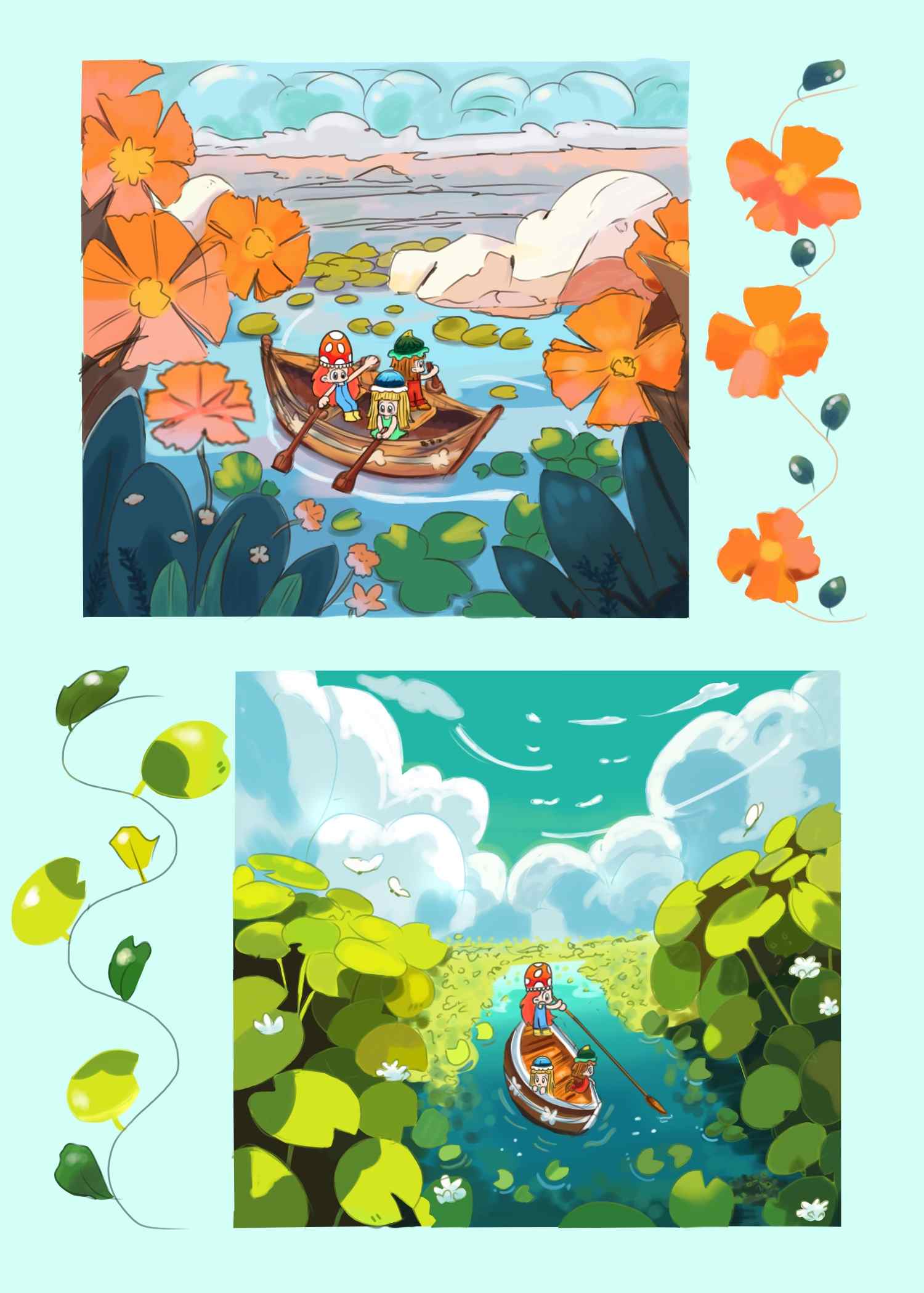 Three chibis girls riding a boat in different nature environments
