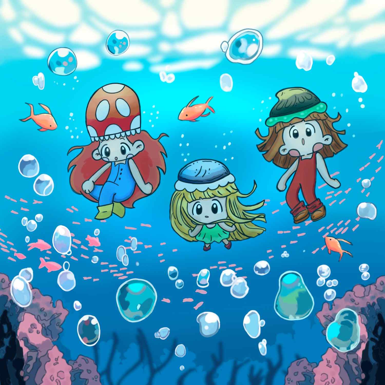 Three chibis girls on the deep ocean