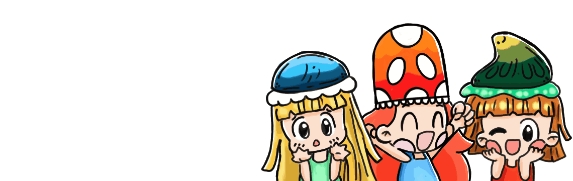 Three chibi figures characters showing happy expression